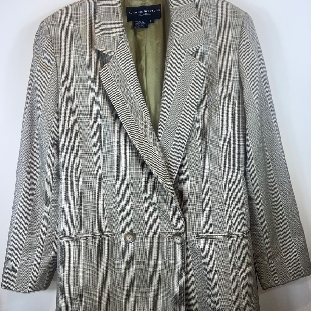 Adrienne Vittadini Tan Wool Silk Blend Blazer Plaid Size 8 Academic Equestrian